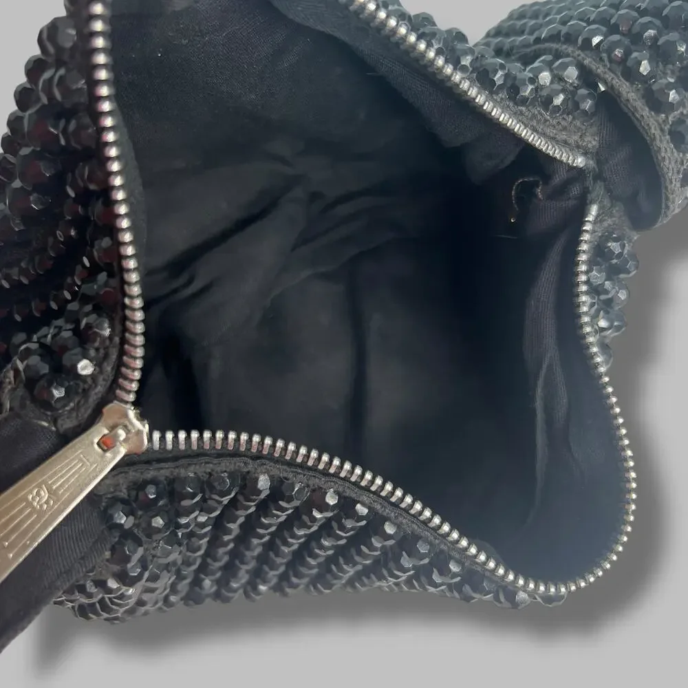 Vintage 60s Black Beaded Shoulder Bag Evening Purse Chunky Zipper Roger Van-S